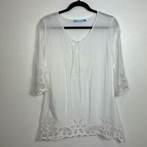 Solitaire Swim White 3/4 Sleeve Lace Trim Cover Up Top Size M